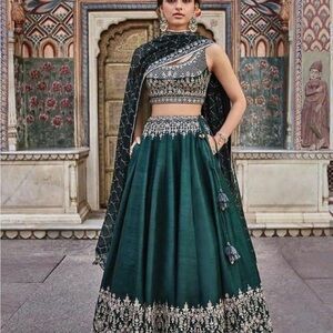 Elegant Green and Silver Embroidered Lehenga